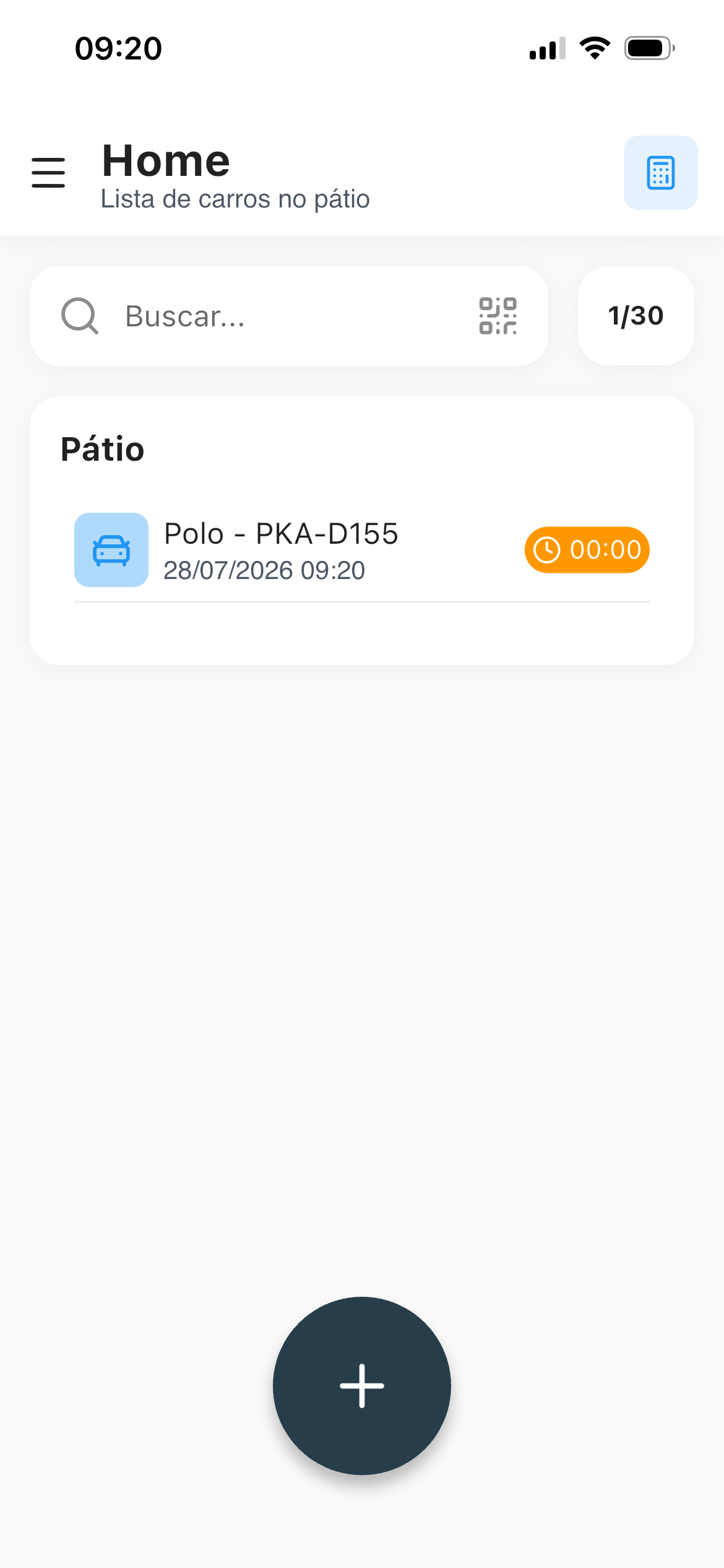 Tela inicial do aplicativo de estacionamento